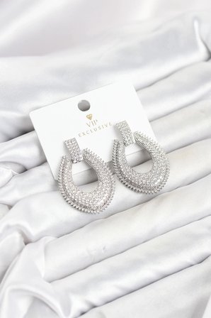 Mey İthalat® Gümüş Renk Zirkon Taşlı Damla Halka Model Kadın Abiye Küpe