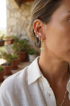 Mey İthalat 3 lü Set Küpe Gold Renk Zincir Detaylı