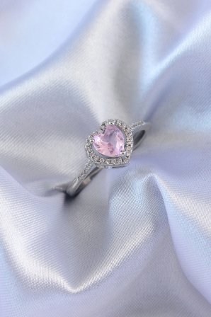 Mey İthalat® Gümüş Renk Pembe Zirkon Taşlı Kalp Charm Model Pirinç Kadın Yüzük