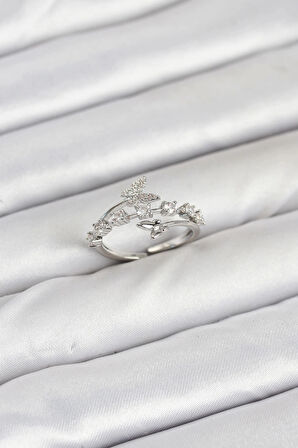 CEYLAN ADAM Pirinç Gümüş Renk Zirkon Taşlı Kelebek Model Kadın Yüzük