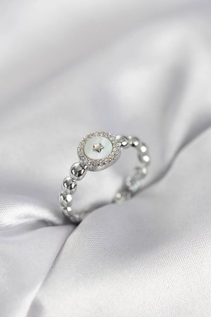 Mey İthalat® Gümüş Renk Sedefli Yıldız Model Zirkon Taşlı Kadın Yüzük