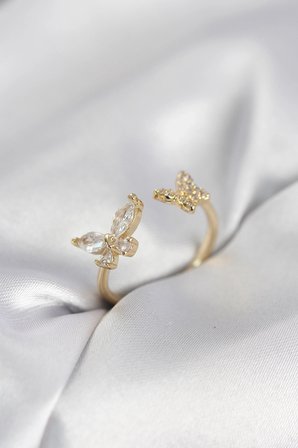 Mey İthalat® Kelebek Model Zirkon Taşlı Gold Renk Kadın Yüzük