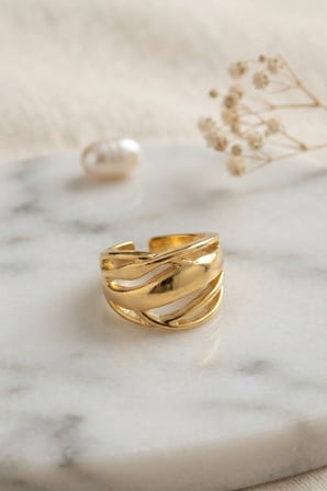 Mey İthalat Örgü Formlu Geniş Tasarım Gold Renk Yüzük
