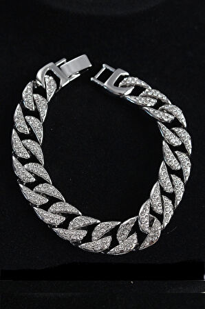 CEYLAN ADAM Pirinç Zirkon Taşlı Cuba Gurmet Model Gümüş Renk Erkek Bileklik