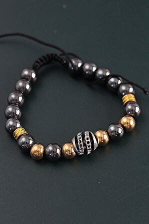 CEYLAN ADAM Doğal Taş Sarmal Model Gold Ve Füme Renk Asansörlü Erkek Bileklik