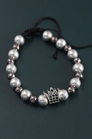 CEYLAN ADAM Doğal Taş Kral Tacı Model Gümüş Ve Füme Renk Asansörlü Erkek Bileklik