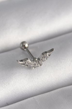Mey İthalat® 316L Çelik Gümüş Renk Zirkon Taş Detay Kanat Model Tragus Piercing