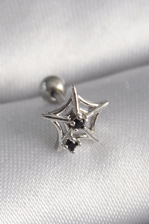 Mey İthalat® 316L Çelik Gümüş Renk Siyah Zirkon Taş Detay Örümcek Ağ Model Tragus Piercing