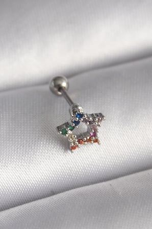 Mey İthalat® 316L Çelik Gümüş Renk Renkli Zirkon Taşlı Yıldız Model Tragus Piercing