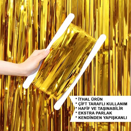 Mey İthalat® Altın Gold Renk Ekstra Metalize Parlak Saçaklı Arka Fon Perde İthal A Kalite 1x2 Metre
