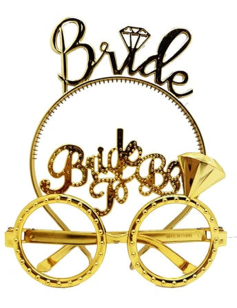Mey İthalat® Bride Yazılı Taç ve Bride To Be Yazılı Gözlük Seti Altın Renk