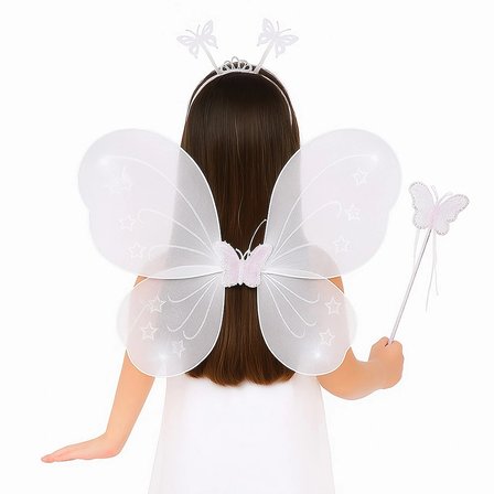 Mey İthalat® Beyaz Kelebek Kız Seti – 50 cm Kelebek Kanadı, Taç ve Asa