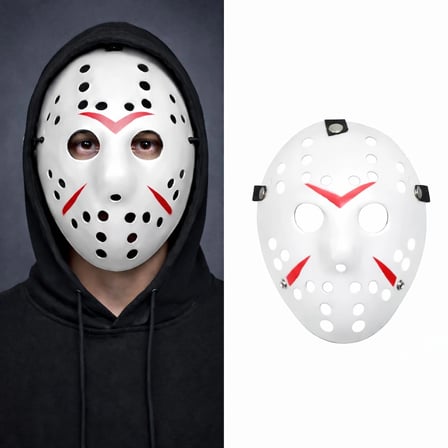 Mey İthalat® Beyaz Renk Kırmızı Çizgili Tam Yüz Hokey Jason Maskesi Hannibal Maskesi