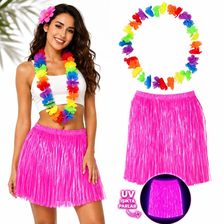 Mey İthalat Neon Pembe Hawaii Etek 40 cm ve Rengarenk Hawaii Kolye