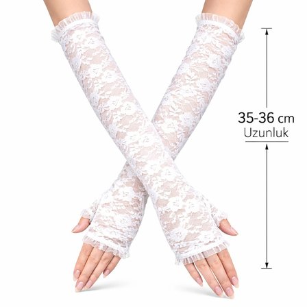 Mey İthalat® Uzun Zarif Dantel Eldiven Parmaksız Beyaz 35 cm