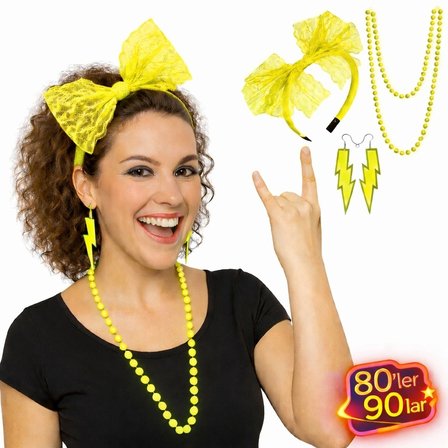 Mey İthalat® 80’ler 90’lar Neon Sarı Parti Seti – Kolye Küpe Taç
