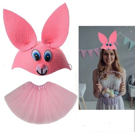 Mey İthalat® Tavşan Kostümü Pembe - 23 Nisan Tavşan Şapka ve Tütü Etek Seti 2 Parça