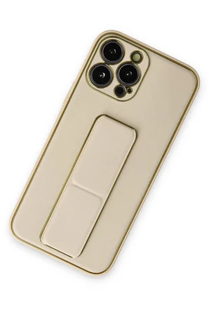 Mey İthalat®  iPhone 13 Pro Kılıf Coco Deri Standlı Kapak - Gold