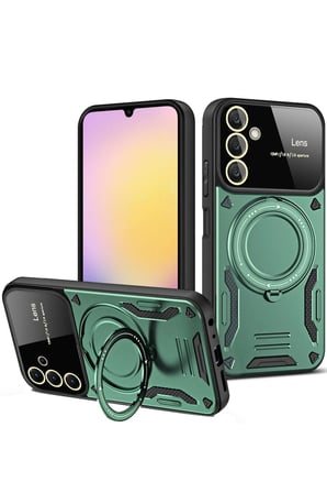 Samsung Galaxy A35 5G Kılıf Joy Lens Standlı Kapak - Koyu Yeşil
