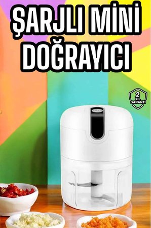 Mey İthalat® Şarjlı Portatif Doğrayıcı Mini Pratik Rondo El Doğrayıcı Üç Bıçaklı Çelik Bıçaklı