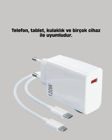 120W Güçlü Hızlı Şarj Adaptörü ve Type-C Kablo Seti - Güvenli Şarj Teknolojisi