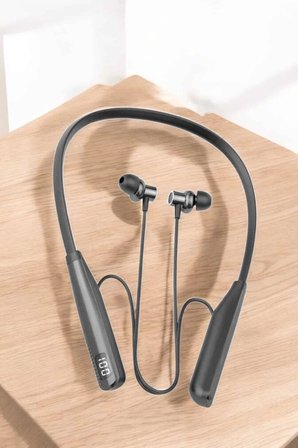 Mey İthalat® Boyun Askılı Bluetooth Kulaklık Uzun Şarj Süreli Dijital Göstergeli Kablolu