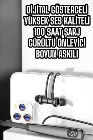 Mey İthalat® Boyun Askılı Bluetooth Kulaklık Uzun Şarj Süreli Dijital Göstergeli Kablolu