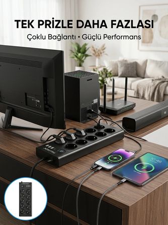 Mey İthalat® 10 Prizli USB Destekli Çoklu Priz Type-C Şarj Girişli Güvenli Güç Ünitesi