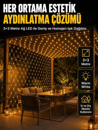 Mey İthalat 3x3 Metre Ağ LED ile Bahçenize Sıcak ve Şık Aydınlatma