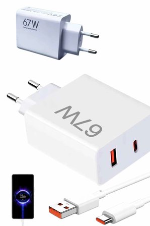 Mey İthalat® Hızlı Şarj Aleti Adaptörü Kablo Seti 67W Uzun Ömürlü Beyaz