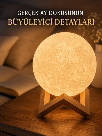 Mey İthalat 3D Ay Gece Lambası Ahşap Standlı Dekoratif LED Masa Lambası