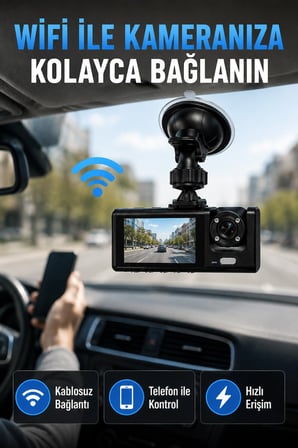 Mey İthalat Çift Kameralı WiFi Araç Kamerası 170° Geniş Açı Full HD Araç İçi Kayıt Sistemi