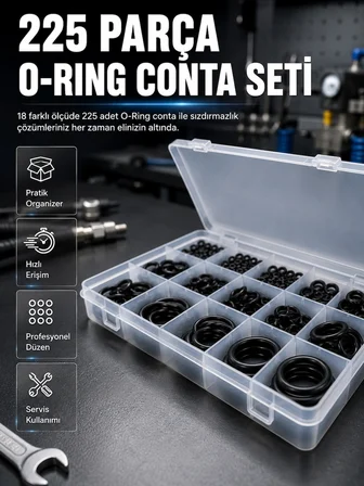 Mey İthalat 225 Parça O-Ring Conta Seti 18 Farklı Ölçü Kauçuk Sızdırmazlık Conta Organizer Kutulu