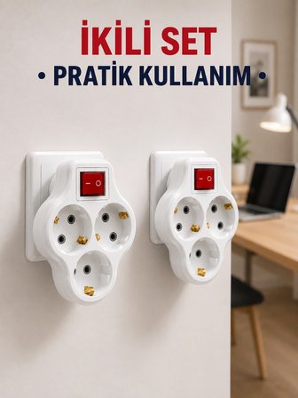 Mey İthalat Kablosuz 3’lü Priz Çoklayıcı Açma Kapama Anahtarlı Duvar Tipi 2 Adet Set