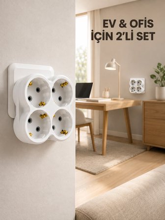 Mey İthalat 2’li Set Kablosuz 4’lü Priz Çoklayıcı Direkt Duvar Prizine Takılan Adaptör