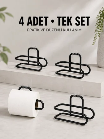 Mey İthalat Duvara Yapışkanlı WC Kağıtlık Siyah Metal 4 Adet Tuvalet Kağıdı Rulo Askısı