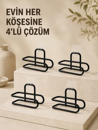 Mey İthalat Delmeden Monte Tuvalet Kağıdı Askısı Siyah Metal Yapışkanlı Banyo Kağıtlığı 4’lü Set