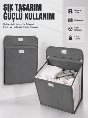 Mey İthalat Duvara Asılabilir Katlanabilir Kirli Çamaşır Sepeti Geniş Hacimli Düzenleyici