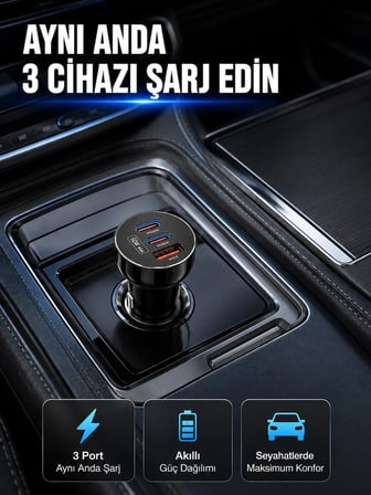 Mey İthalat 12V 24V Uyumlu 60W Araç İçi Şarj Adaptörü Çoklu Hızlı Şarj Cihazı