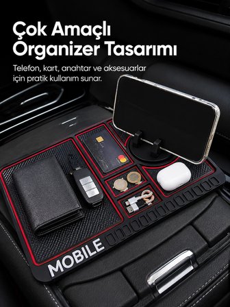 Mey İthalat Araç İçi Kaydırmaz Organizer Mat Telefon Standlı Çok Amaçlı Konsol Düzenleyici
