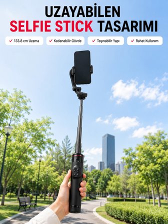 Mey İthalat® AI Takipli Gimbal Selfie Stick 360° Otomatik Yüz Takibi Bluetooth Kumandalı Uzayabilir Tripodlu Telefon Sabitleyici
