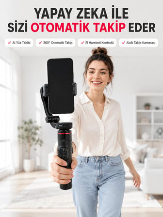 Mey İthalat AI Yüz Takip Özellikli Gimbal Selfie Stick 360° Dönebilen Telefon Tutucu Uzayabilir Bluetooth Kumandalı
