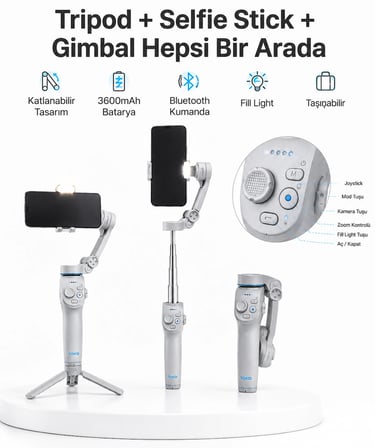 Mey İthalat® 3 Eksen Telefon Gimbal Stabilizer Yapay Zeka Takipli Katlanabilir Dahili Dolgu Işıklı Video Sabitleyici