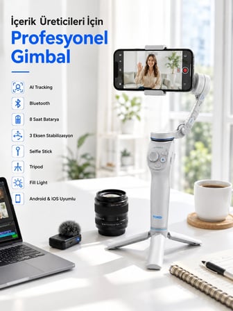 Mey İthalat Akıllı Telefon Gimbal Sabitleyici 360° Takip Özellikli Profesyonel Video Çekim Stabilizeri