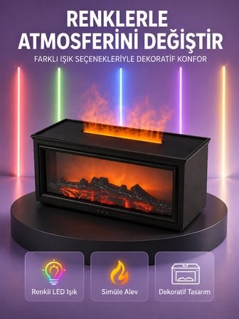 Mey İthalat Şömine Görünümlü Hava Nemlendirici Renkli LED Işıklı Aroma Difüzörü