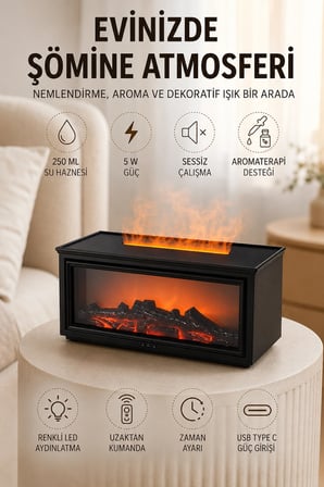 Mey İthalat Şömine Görünümlü Hava Nemlendirici Renkli LED Işıklı Aroma Difüzörü