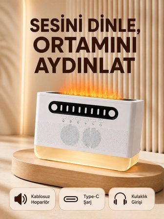 Mey İthalat 8 Çeşit Beyaz Gürültülü Kablosuz Hoparlör ve Renkli Alev Efektli Gece Lambası