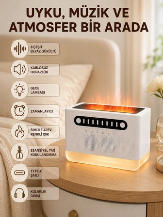 Mey İthalat Simüle Alev Efektli Kablosuz Hoparlör Zamanlayıcılı Gece Lambası
