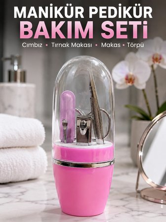 Mey İthalat® Pembe Tırnak Bakım Seti Cımbız Makas Tırnak Makası ve Törpü İçeren Kit