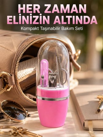 Mey İthalat® Pembe Manikür Pedikür Bakım Seti Cımbız Tırnak Makası Makas Törpü